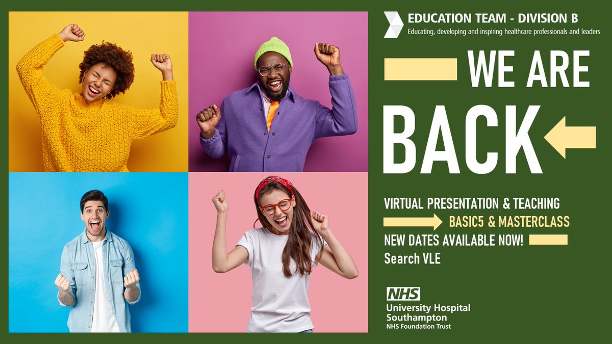 EducationDivB's tweet image. WE ARE BACK! 
Hot Summer?
Cool Course.
New #virtualpresentation #basic5 and #masterclass workshop dates published for the Summer months!
Search VLE. Grab a seat while still available.
@uhsft @EducationDivB @RachelN1972 @anita_esser