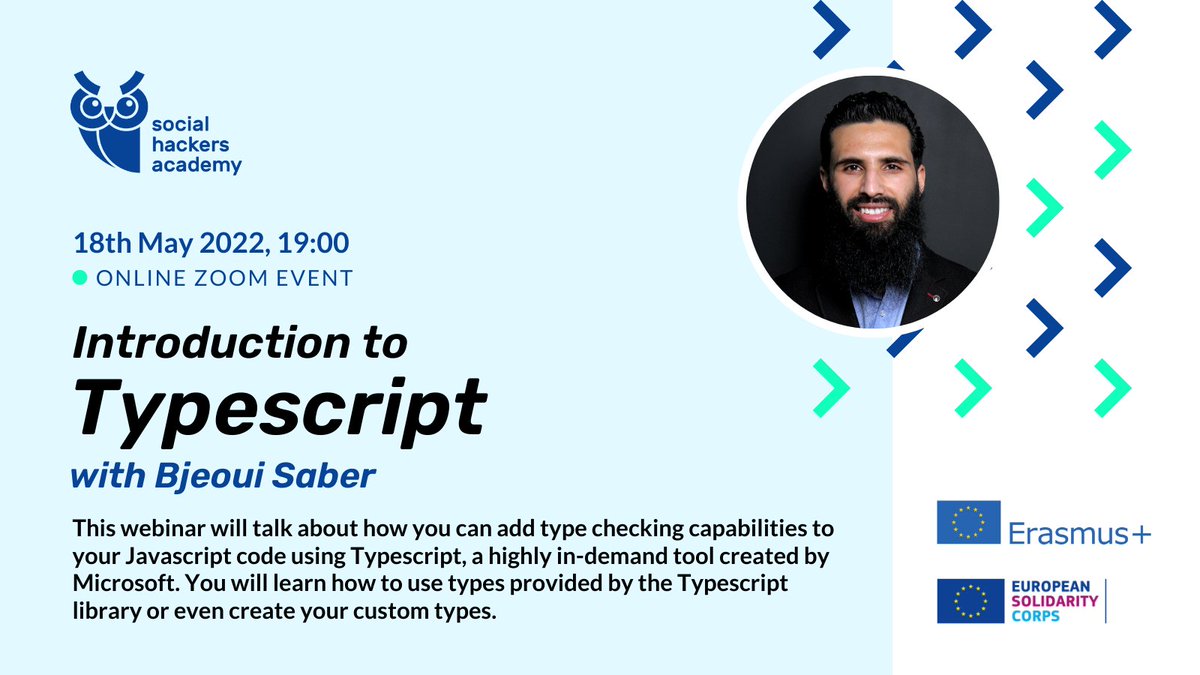 sochackacademy's tweet photo. Did you ever use #Typescript?
Join us today at 7pm, Athens time! We are waiting for you.
Register here: https://t.co/Qa4DV8o1rJ
#coding #programming #event #codingschool #100DaysOfCode #WomenOfCode #DEVcommunity https://t.co/pejLBMfo9Y