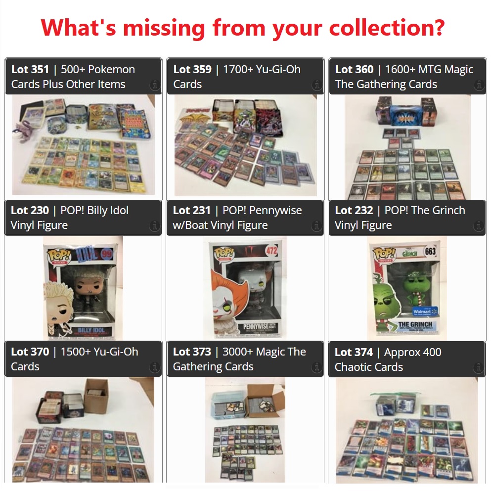 It's Wednesday ~ Online Auction 508 Closes TONIGHT - mailchi.mp/f9ee576e8bbe/i… #pokemon #Yugioh #MTG #magicthegathering #magicthegatheringcards #yugiohcards #Chaotic #popvinylfigures #billyidol #Pennywise #cardcollector #roleplay
