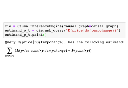 PeterGmeiner4's tweet photo. After asking a query against a #Causalgraph we obtain an estimand. 
Example query: Expected effect of temperature change on wheat prices https://t.co/c8a8NRlp1m