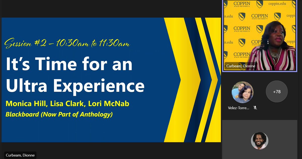 CoppinStateTech's tweet image. Did you do the #Cupidshuffle with Wendy?? We had a blast. Up next is session 2 with Monica Hill, Lisa Clark and Lori Mcnab from Blackboard (now part of Anthology) #csutech #bbultra #Drhabtubrahafitc