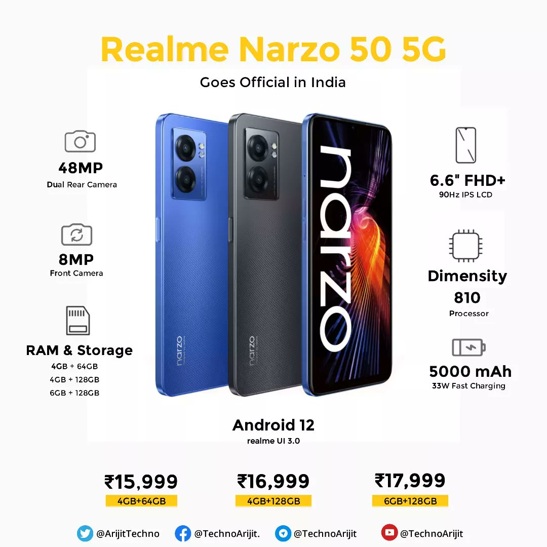 ArijitTechno's tweet photo. Realme Narzo 50 and Narzo 50 Pro have been launched in India.

Narzo 50 First Sale 24th May &amp; Narzo 50 Pro First Sale 26th May.

#realmenarzo50Pro #realmenarzo50 #Mighty5GGameOn #realme #realmeindia #technoarijit #technews #technologies https://t.co/G0aVF7JUqo