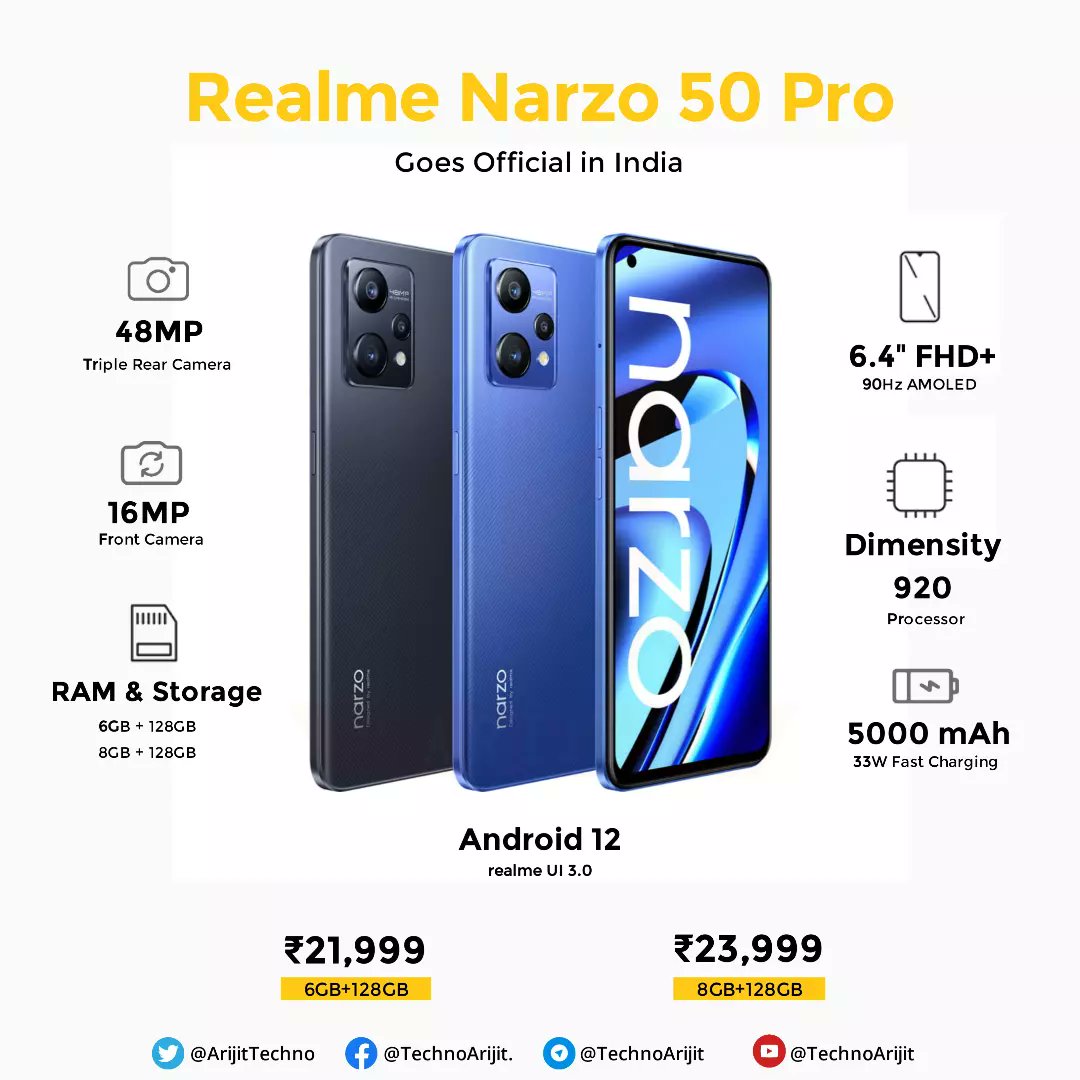ArijitTechno's tweet photo. Realme Narzo 50 and Narzo 50 Pro have been launched in India.

Narzo 50 First Sale 24th May &amp; Narzo 50 Pro First Sale 26th May.

#realmenarzo50Pro #realmenarzo50 #Mighty5GGameOn #realme #realmeindia #technoarijit #technews #technologies https://t.co/G0aVF7JUqo