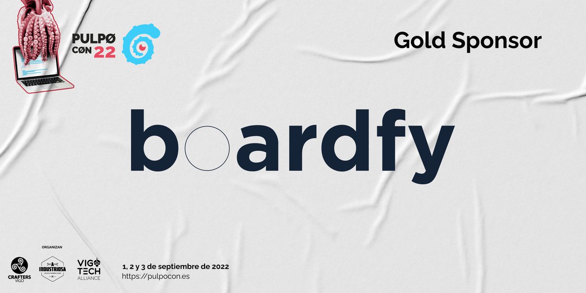 📢 Con un CTO a tope con la comunidad y un equipo habitual en los meetups, esta startup fue de las primeras en decir "contar con nosotros para la 🐙". Esque con gente como la de nuestro sponsor gold @boardfy es un gustazo montar la #pulpoCon22  👉🧵