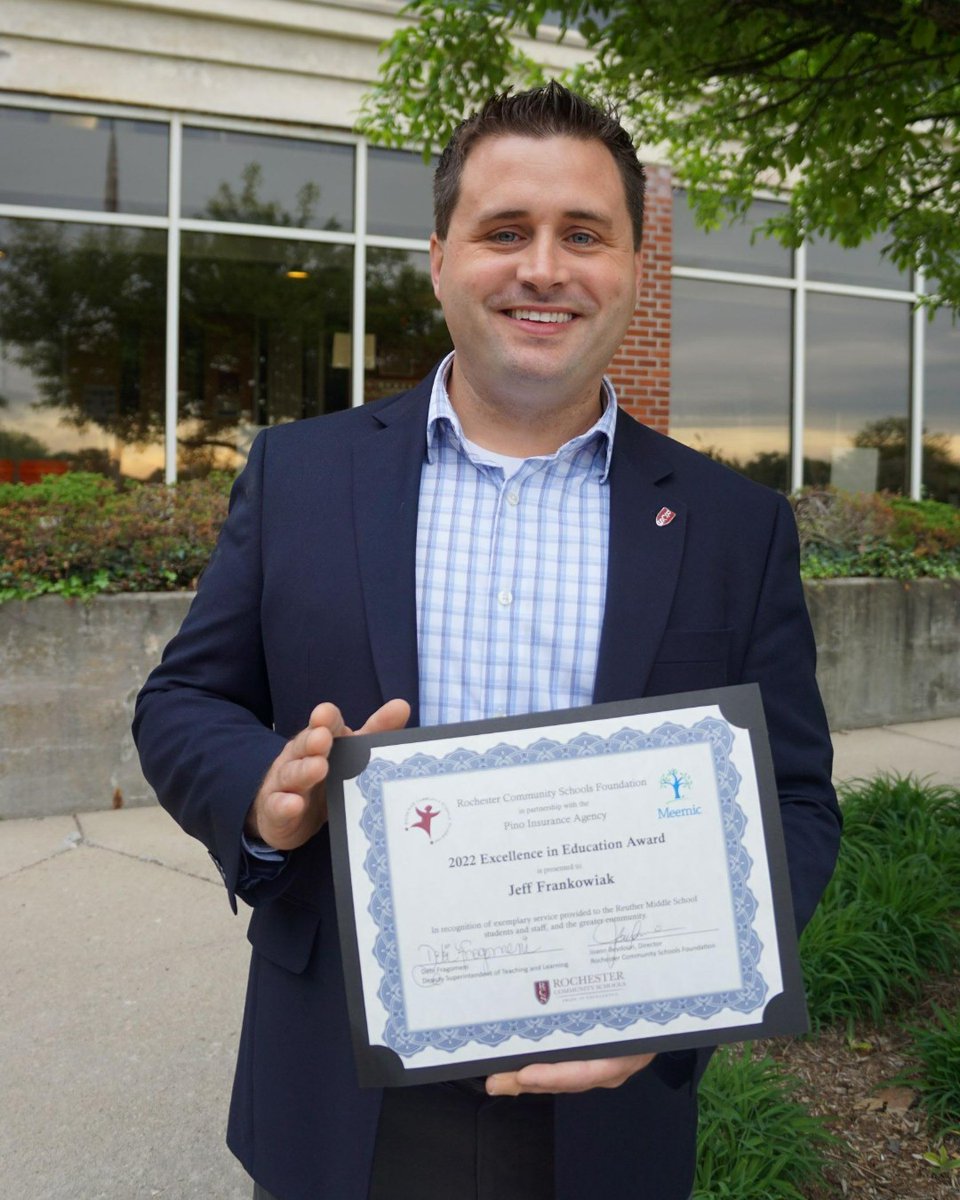 Last year, Jeff Frankowiak started <a href="/RCSVirtual/">Rochester Community Schools Virtual Campus</a>, a brand new school, created during a pandemic to meet a critical need. For his service, he was honored with an Excellence in Education Award, provided by <a href="/michelebeitels/">Michele Beitelshees</a> &amp; the Pino Insurance Agency. More: ow.ly/2r0X50JbawS.