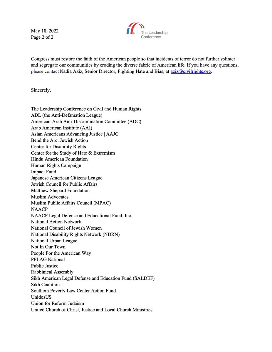 A screenshot of page 2 of our letter in support of the Domestic Terrorism Prevention Act. The full text is linked in the tweet.