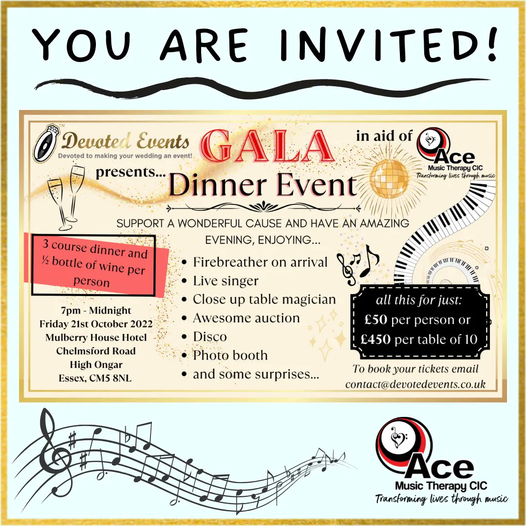 acemusictherapy's tweet photo. YOU ARE INVITED! Come along to our #GALADinnerEvent, kindly being hosted by 
@devotedeventsuk to help us raise awareness and funds for our transformational work of #musictherapy 🎶  Visit the link in our bio or the EVENTS page of our website to book your place now! 🌟 #support https://t.co/1wrooXZAfB