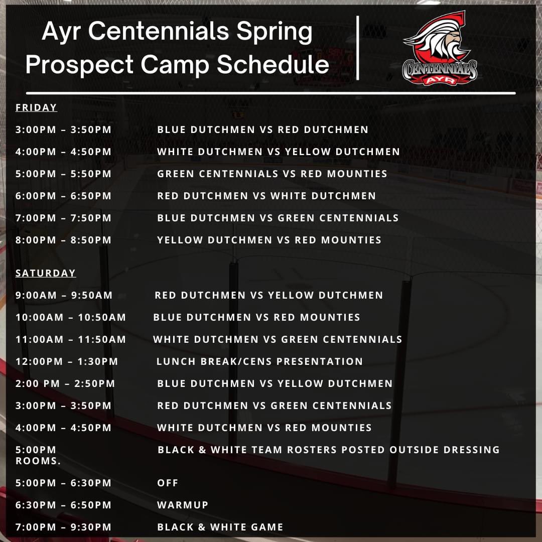 <a href="/AyrCentennials/">Ayr Centennials</a> Spring Prospect Camp Schedule for this weekend May20/21 2022
Head over to our Facebook page for more info ! 
<a href="/4_cens/">Ayr Centennials Alumni</a> @GOJHL <a href="/519sportsonline/">519 Sports Online</a> <a href="/jeffgrimwood20/">Jeff Grimwood</a> <a href="/HolisticHockey/">Holistic Hockey</a> <a href="/OHLHockey/">Ontario Hockey League</a> <a href="/HALLSY22/">Cody J Hall</a> <a href="/JustinDasilva90/">Justin Dasilva</a> <a href="/MitchKlie/">mitch klie</a> <a href="/stohivsky11/">scott tohivsky</a> <a href="/jennycharron17/">Jenn Charron</a>