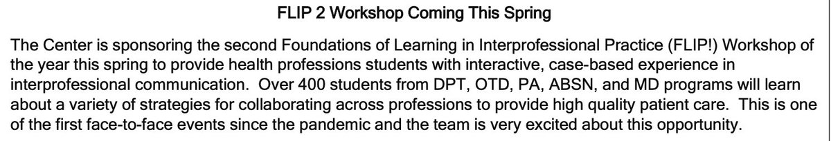 Duke Center for Interprofessional Education & Care (@dukeipec) on Twitter photo 📣 FLIP 2 part deux!
On May 24 our @DukeU_NrsngSchl 3rd semester ABSN students and <a href="/DukeMedSchool/">Duke University School of Medicine</a> 1st year MD students will be coming together to practice communication and team work!
<a href="/DukeIPEC/">Duke Center for Interprofessional Education & Care</a> is very excited! 📣 FLIP 2 part deux!
On May 24 our @DukeU_NrsngSchl 3rd semester ABSN students and <a href="/DukeMedSchool/">Duke University School of Medicine</a> 1st year MD students will be coming together to practice communication and team work!
<a href="/DukeIPEC/">Duke Center for Interprofessional Education & Care</a> is very excited!