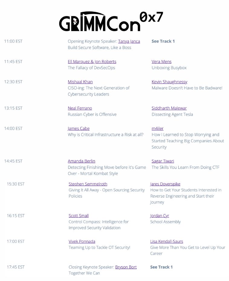 grimmcyber's tweet photo. 🔥WHAT. A. LINEUP. We're less than 20 minutes away from #GRIMMCon 0x7's opening keynote: @shehackspurple!

Tune in + join Discord! 
Discord: https://t.co/RwU3ZgUt9H
Track 1: https://t.co/decN73hGrD 
Track 2: https://t.co/Hha0zwzG79 
Partner: @shareincyber https://t.co/GkmYKigq0E