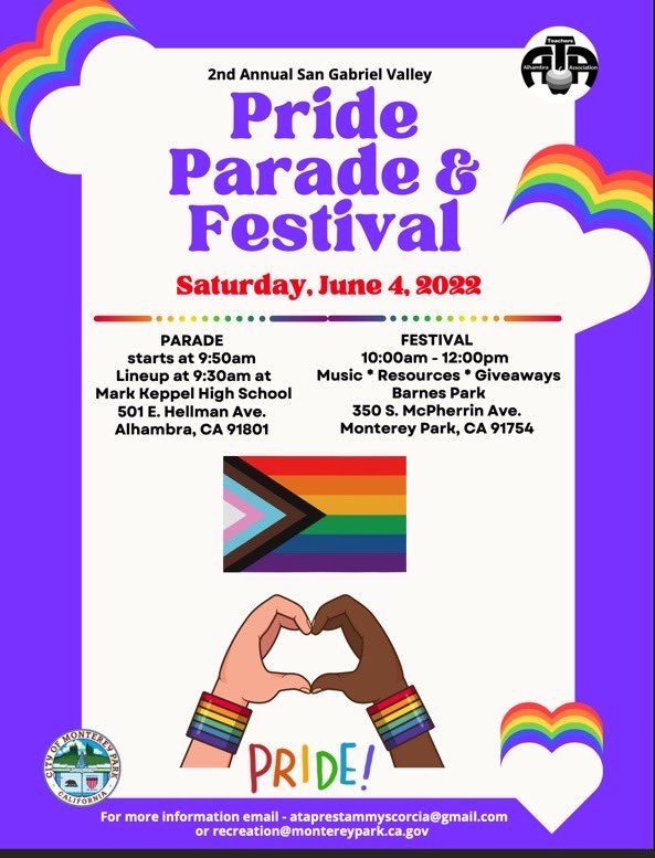 alhambrausd's tweet photo. Photos from @AlhambraATA
2021 Pride Parade + Festival when
@RepJudyChu spoke to the crowd.
2022 @AlhambraATA @CityofMPK Pride 🌈 Parade + Festival
Saturday, June 4th
Line up @MarkKeppelHigh 9:30am
Walk to #BarnesPark 9:50am
Festival 10am-Noon
350 S. McPherrin Ave. 91759 https://t.co/SC1VfARNID