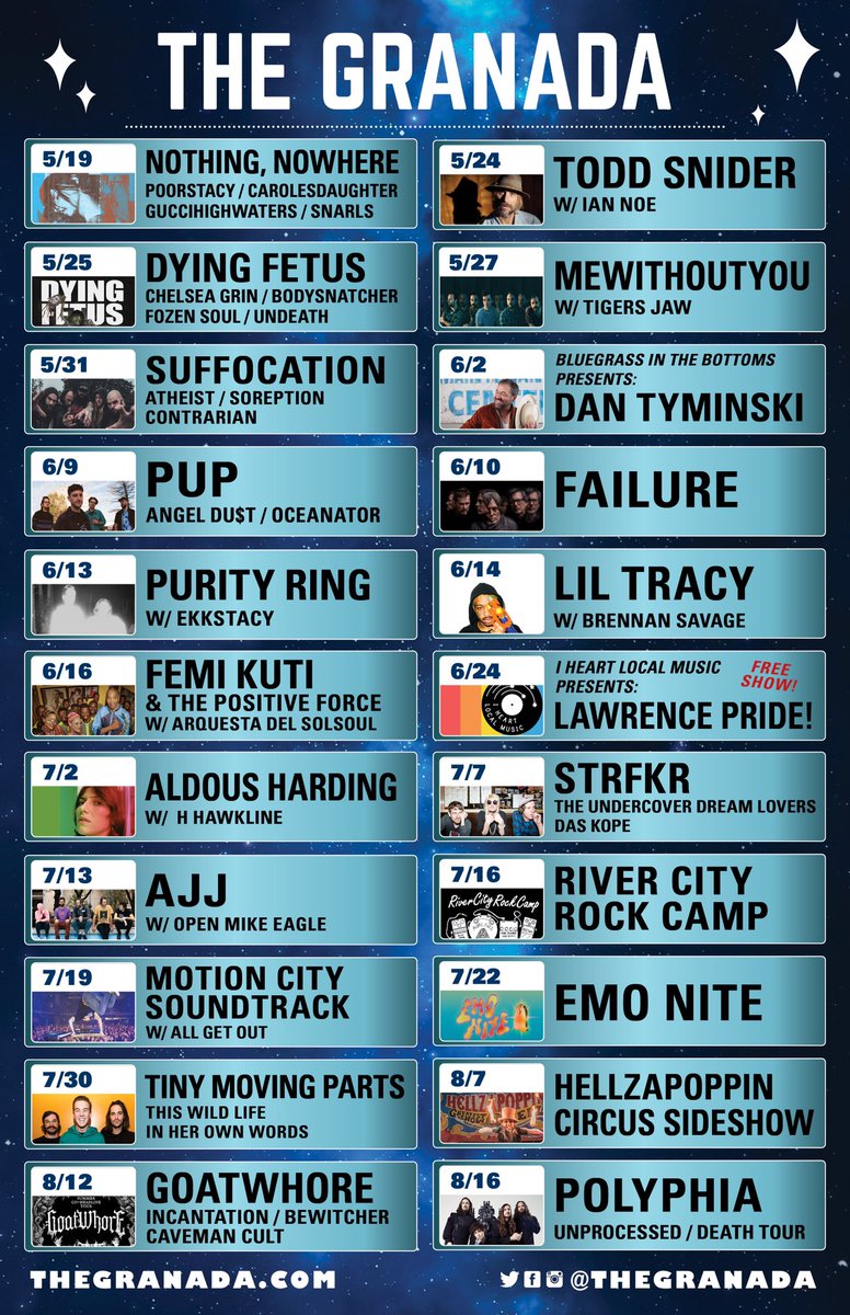 theGranada's tweet photo. SUMMER CALENDAR GIVEAWAY☀️

It's going to be a live music summer in Lawrence! 🎶

To enter, RT this tweet &amp; follow us! The winner will win a pair of tix to a show of their choice from our calendar!

Giveaway ends next Wednesday at noon &amp; the winner will be announced that evening! https://t.co/zfehdIGmKR
