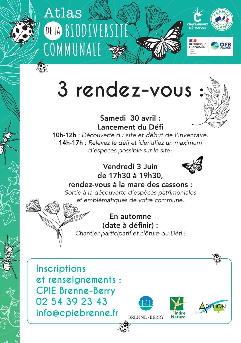 Chateauroux36's tweet photo. Participez au défi #biodiversité d’#Arthon ! Prochaine date : vendredi 3 juin, de 17h30 à 19h30, à la mare des Cassons. Au programme : sortie à la découverte d’espèces patrimoniales et emblématiques de votre commune. 
ℹ️ CPIE Brenne-Berry
Tél. : 02 54 39 23 43
info@cpiebrenne.fr https://t.co/5dOEQnzKNu