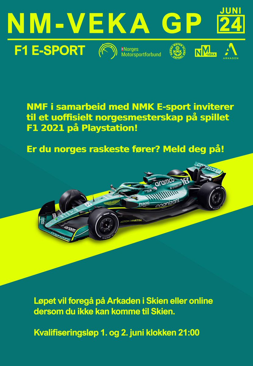 NMKEsport's tweet photo. Er du norges raskeste på F1 2021(Playstation)? 

NMK E-sport i samarbeid med NM-Veka i Skien inviterer til NM-Veka GP og kåre en uoffisiell NM-mester! 

Meld deg på her: https://t.co/zokgB11hAL https://t.co/2GNMlFIL9V