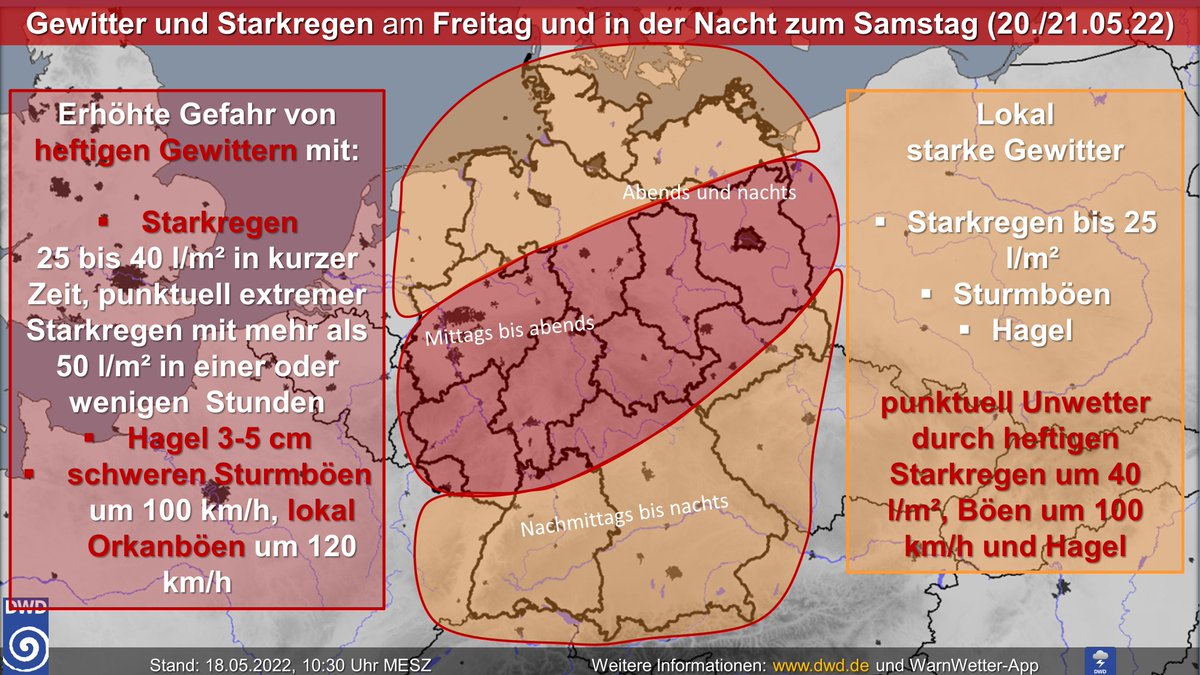 ⚠️Achtung: Schwere #Unwetter durch #Gewitter-Lage am #Donnerstag und #Freitag!

➡️(extrem) heftiger Starkregen, teils &gt;40 mm/h
➡️örtlich Sturm- bis Orkanböen, um 100 km/h 
➡️örtlich großer Hagel,  3-5 cm möglich
➡️Am Freitag evtl. Tornados nicht auszuschließen

/V