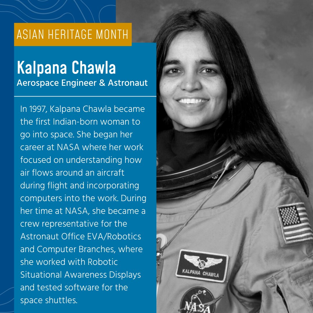 Astronaut #KalpanaChawla was the first Indian-born woman to go to space. She began working at the <a href="/NASA/">NASA</a> Ames Research Center in 1988, contributing to computational fluid dynamics research on vertical and short take-of landing concepts. #AsianHeritageMonth #aapi #apahm #STEM #NASA