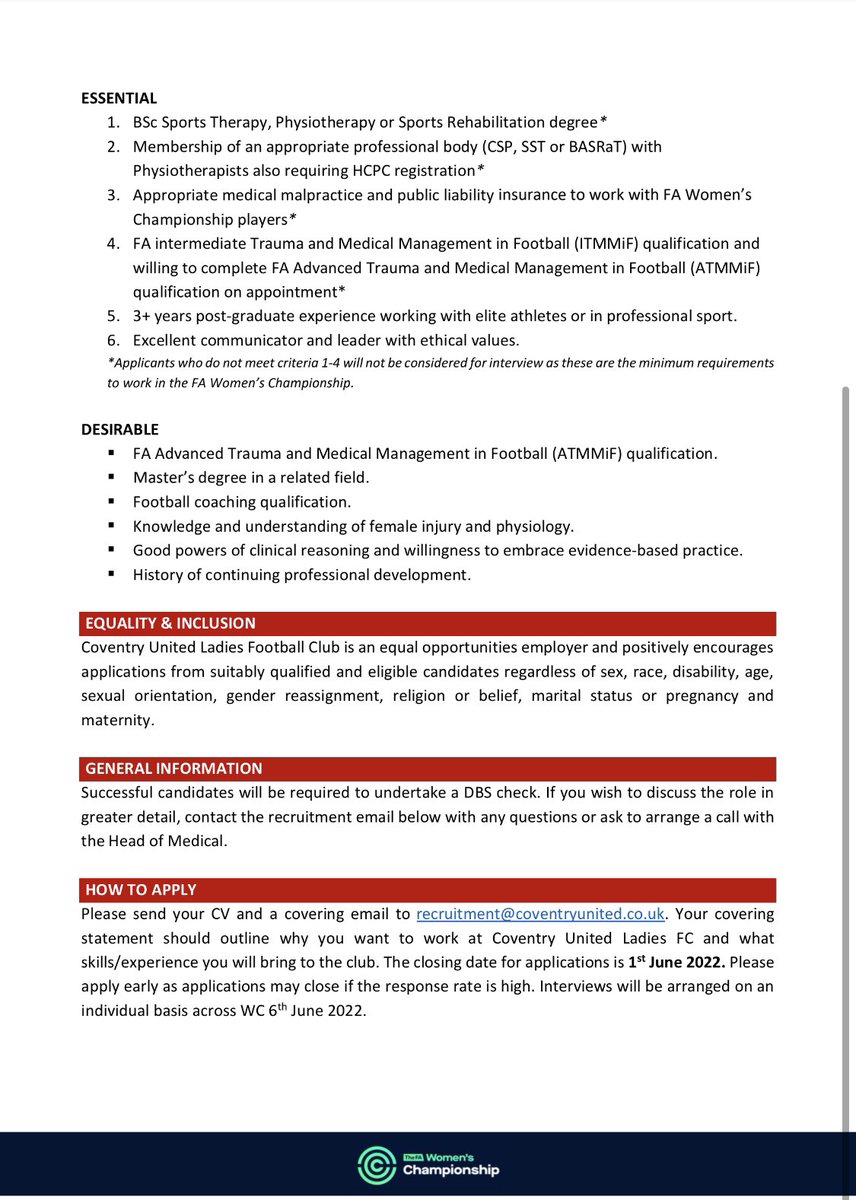 We have a brilliant opportunity for a motivated and ambitious therapist to join our project @CovUnitedLFC. We have big plans for the future and hope to recruit someone who shares our vision. Please feel free to get in touch for more info or a chat if interested! See info below👇🏼