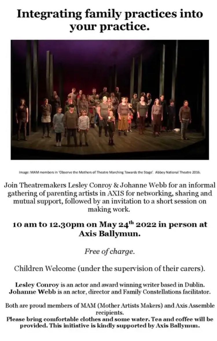 LesleyConroy4's tweet photo. Born from @WebbJohanne &amp; my @axisBallymun Assemble residency! 
Parenting artists! We welcome you to network and reflect on your pratice.
If this sounds like something you need in your life right now… please come along.
RTs also appreciated!
10-12.30 Tue 24th May Axis, Ballymun. https://t.co/gaiBTSDayr