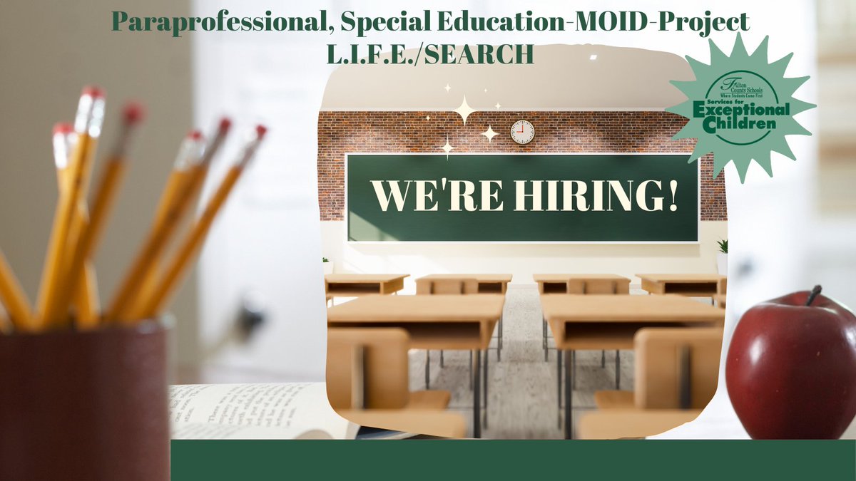 Are you interested in providing support to instructional staff for our Project L.I.F.E./SEARCH program? We are currently seeking a Paraprofessional-Special Education-MOID-Project L.I.F.E./SEARCH. Apply today! @BlakeMcGahaFCS <a href="/SherryCP3/">Sherry Peterson</a> 

jobs.fultonschools.org/job/Atlanta-Pa…