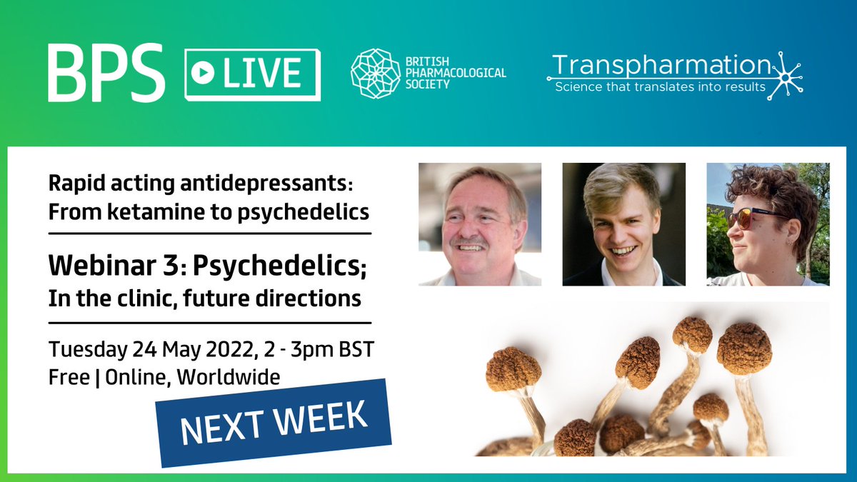 BritPharmSoc's tweet photo. Don't miss @ProfDavidNutt, Dr Henry Fisher @_Hydrofluoric &amp; Dr @ellenheather on Tue 24 May as they discuss #psychedelics, their role in the clinic &amp; future directions.

Register for free: https://t.co/dr0HhpMwvN

#depression #antidepressants #psilocybin #DMT #BPSLive https://t.co/p4fFPoAvo4
