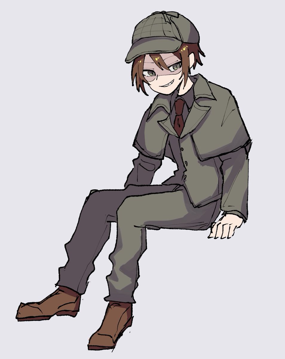 solo 1boy necktie hat brown hair male focus sitting  illustration images