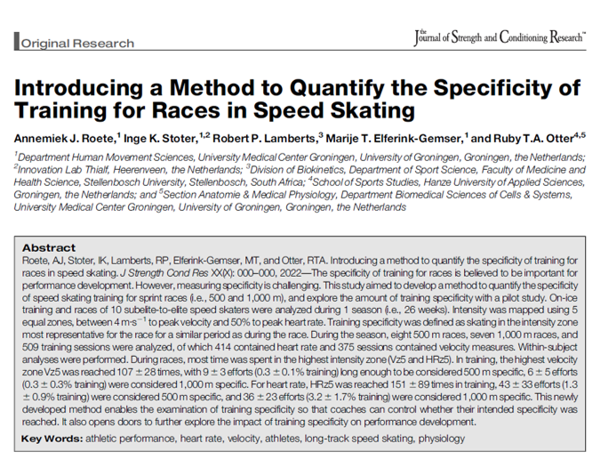 Hoe wedstrijd specifiek trainen schaatsers? <a href="/AnnemiekJRoete/">Annemiek Roete</a>, voormalig student <a href="/BW_Groningen/">Human Movement Sciences/Bewegingswetenschappen</a>  heeft daar uitgebreid onderzoek naar gedaan bij <a href="/Innovatiethialf/">Innovatielab Thialf</a>. Dit artikel is nu gepubliceerd en online te vinden in “the Journal of Strength and Conditioning Research”.