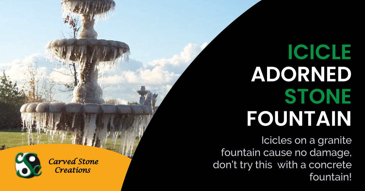 CarvedStone's tweet photo. Icicles on a granite fountain cause no damage. Find out more at Carved Stone Creations. #icicles #tieredfountain #granitefountain https://t.co/cesFJhftg6 https://t.co/iPDBs5zR0n