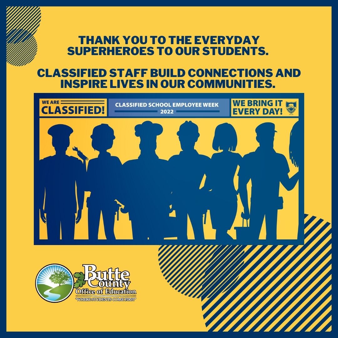 It's #ClassifiedSchoolEmployeesAppreciationWeek
Thank you to all of our everyday superheroes! <a href="/BCOESUPT/">Mary von Rotz Sakuma</a> @ButteSELPA <a href="/bcoeb2w/">BCOE Back 2 Work</a> <a href="/edtechbcoe/">EdTech BCOE</a> <a href="/ComeBackBCOE/">Come Back</a> <a href="/ButteCommunity/">Butte County Community School</a> <a href="/BCOE_Region2/">BCOE Region 2</a> <a href="/bcoeCDPS/">CDPS</a> <a href="/FES_BCOE/">Future Ed. Support</a> <a href="/ButteInduction/">Butte Teacher Induction Program</a> <a href="/pusdk12/">Paradise USD</a> <a href="/Chico_Unified/">CUSD</a> <a href="/ThermalitoUnion/">thermalitounionschooldistrict</a> <a href="/OroCityElem/">Oroville City Elementary School District</a>