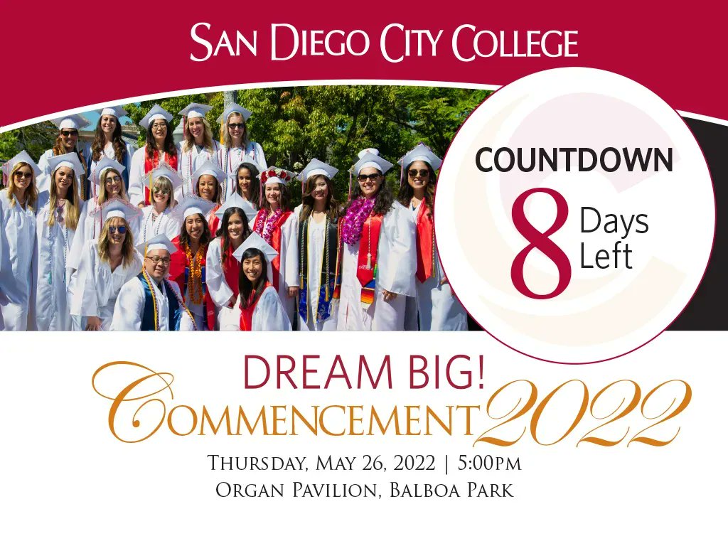sdcitycollege's tweet photo. 8 days left until our 2022 Commencement!
Class of 2022 You Did It!!!
#sharecity #iamcitycollege #sdcitygrads #2022commencement https://t.co/NPz8hhPHWQ