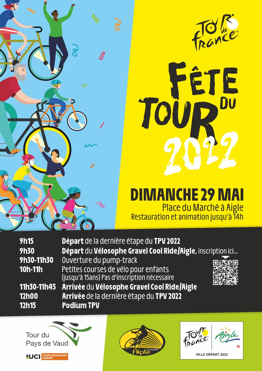 Venez faire la Fête du Tour de France à J-50 et le Tour du Pays de Vaud le dimanche 29 mai !
De nombreuses animations au programme avec Pumptrack, buvette, restauration, petite course cycliste pour enfants, rando gravel et bien plus.
Plus d'info : aigle-tourisme.ch