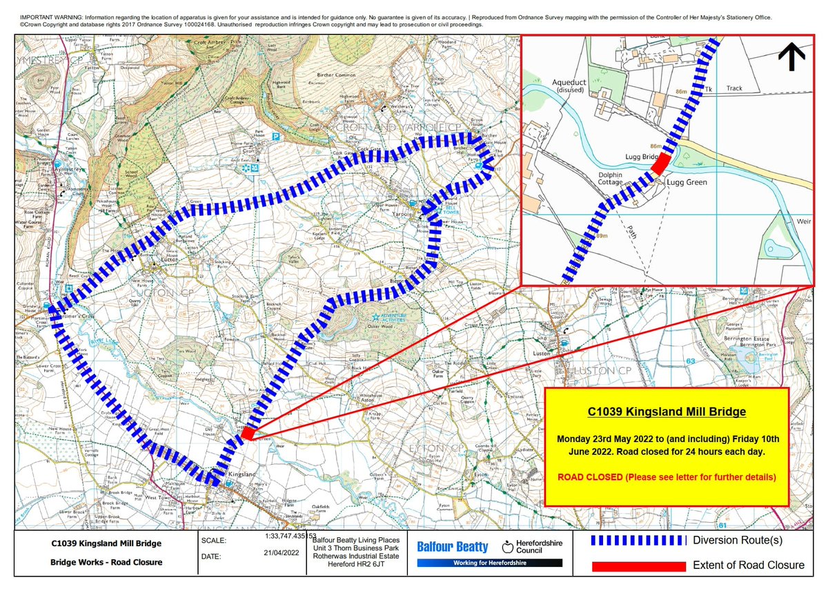 ROAD CLOSURE ADVANCED NOTICE  | C1039 - Kingsland Mill Bridge, 23/5/22 to 10/6/22, closed 24 hours each day by #BalfourBeattyLivingPlaces for wall repair and stone removal and repair works, Please see diversion below, For more info : orlo.uk/3ArXr
