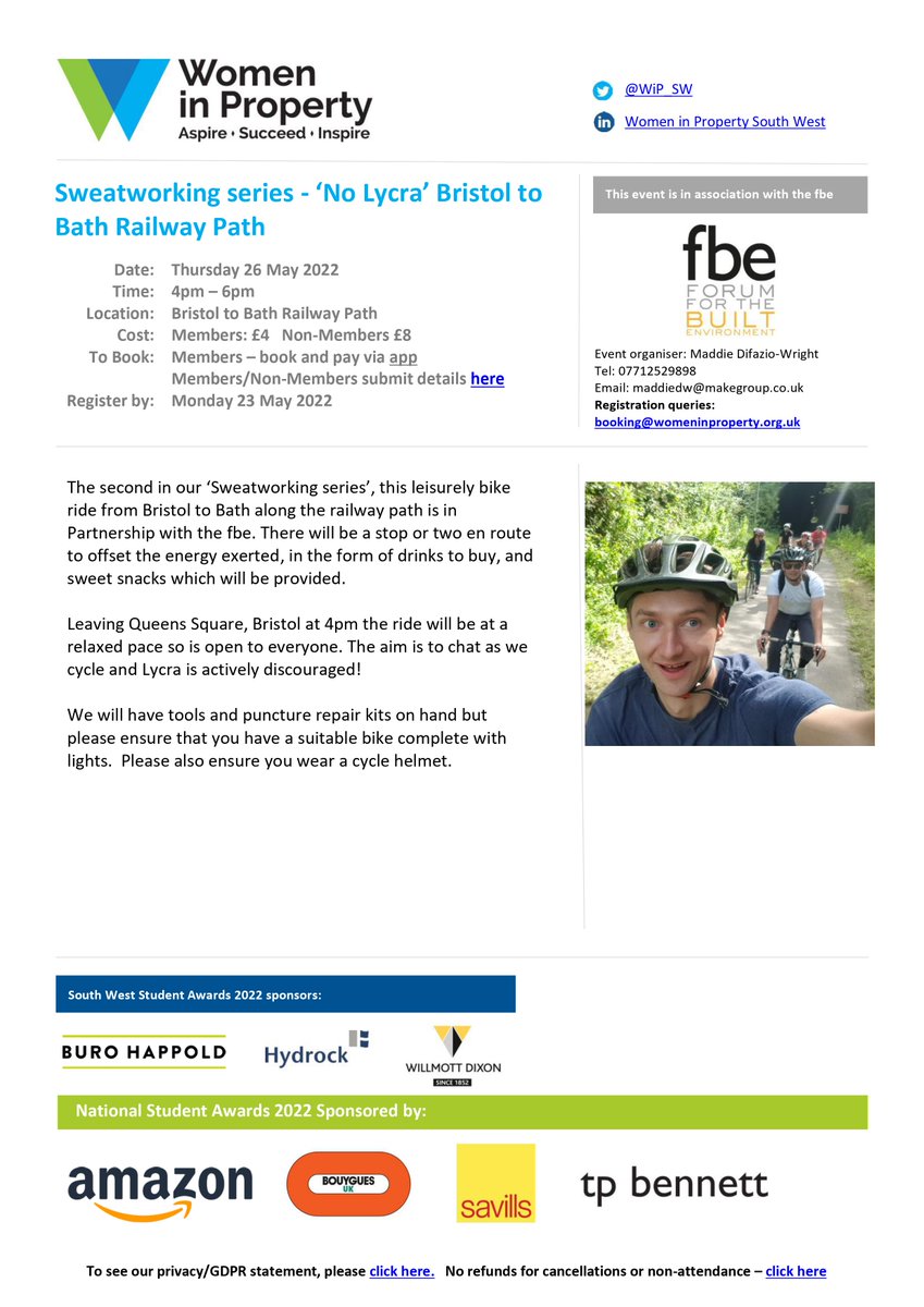 Our 'Sweat-working' series continues with a no lycra Bristol - Bath cycle next week! This is a lovely way to see the countryside and network at a relaxed pace - a good way to learn the route if you haven't done it before! All abilities welcome, sign up here below or on our App: