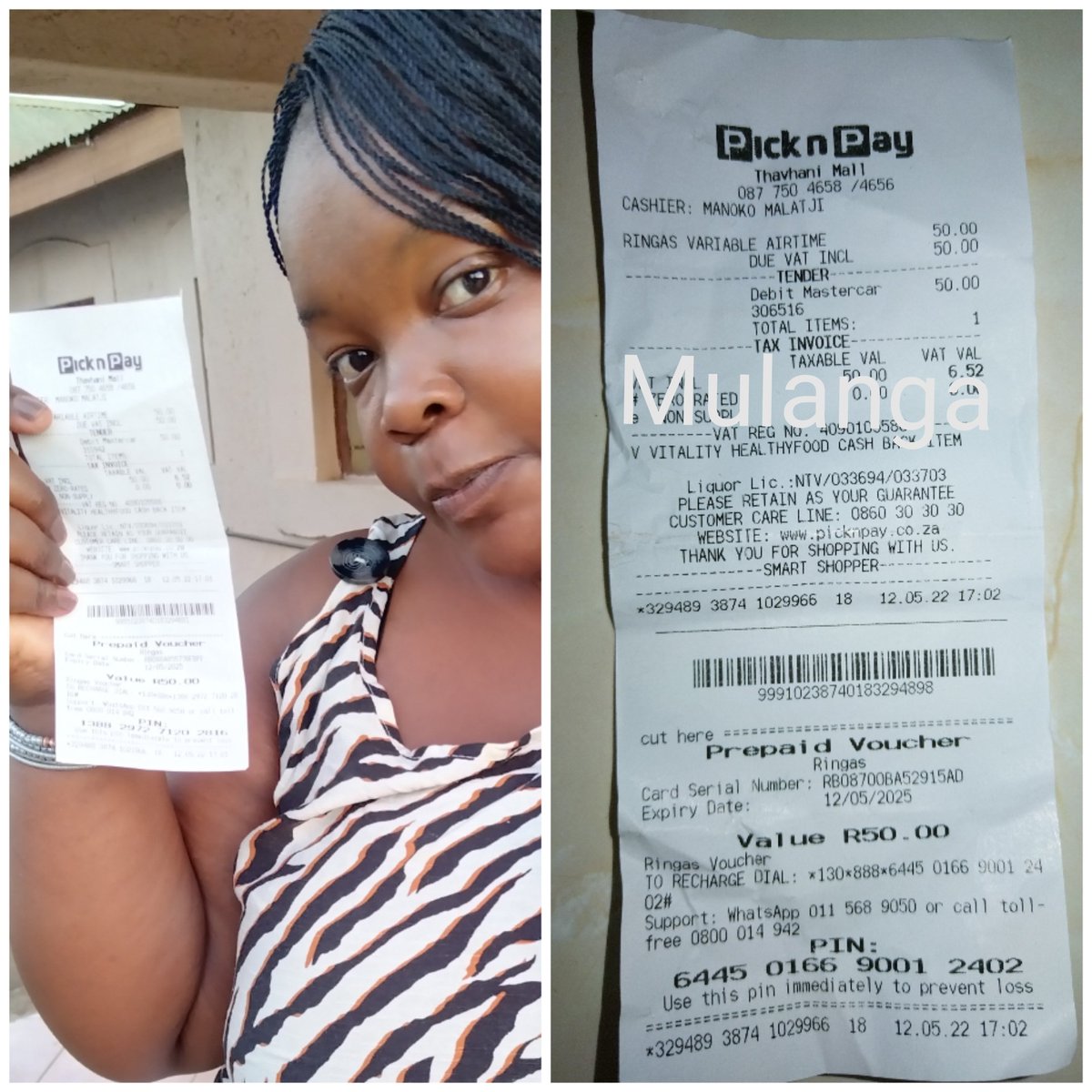 Mulanga81403151's tweet photo. #Ringas #Ringas I bought my ringas R50 airtime at @PicknPay  @ThavhaniMall
 #PicknPayexpress #BluPickRingas @Ringas_SA https://t.co/9VdXYhKIC7