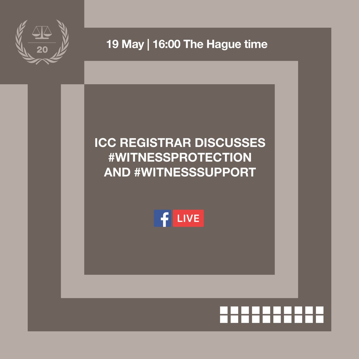 IntlCrimCourt's tweet image. The #ICC Registrar discusses #WitnessProtection and #WitnessSupport  
📅 Tomorrow 19 May at 16:00 (The Hague time)
🎥 Stay tuned for ICC’s Facebook Live: facebook.com/InternationalC…
#MoreJustWorld