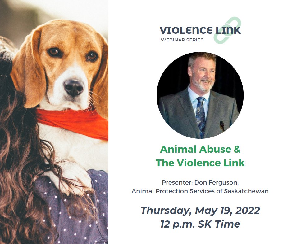 SaskSPCA's tweet photo. Register for tomorrow’s free Violence Link webinar with Don Ferguson from Animal Protection Services of Sask.
Thursday, May 19, 2022 at 12 p.m. SK time
Topic: Animal Abuse & The Violence Link
Learn more and register: https://t.co/SQT1IiKm6z
#SaskSPCA #ViolenceLinkSK #APSS https://t.co/00u7KzWYQq