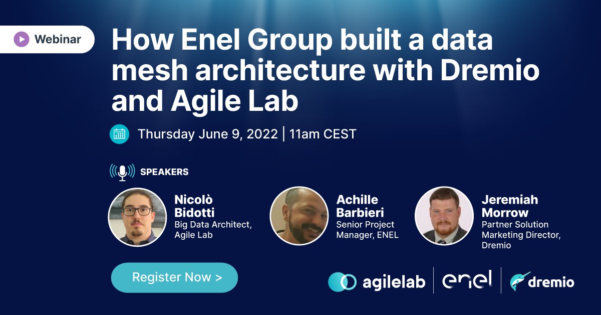 Agile__Lab's tweet image. Don&apos;t miss the next webinar &quot;How Enel Group built a data mesh architecture with @dremio and Agile Lab&quot;
Register soon! bit.ly/3yMz3bi
#datamesh #datamanagement #architecture #dataengineering