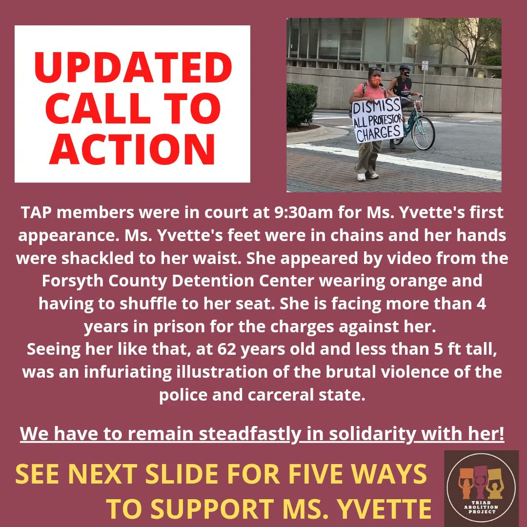 TriadAbolition's tweet photo. Updated call to action with 5 ways to show up in solidarity with Ms. Yvette right now! All hands on deck. It's time to cover &amp; protect our elder! 
#WeKeepUsSafe #WeAreOurSistersKeeper #AbolishtheCarceralState #AbolishPolice https://t.co/GpCduS30yv