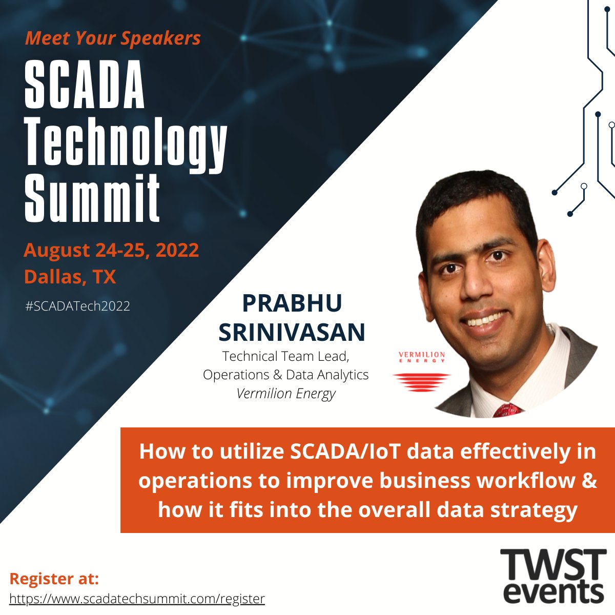 SCADATechSummit's tweet image. Don&apos;t miss Prabhu Srinivasan, Technical Team Lead - Operations &amp;amp; Data Analytics at @VermilionEnergy, at SCADA Technology Summit! He will discuss how to utilize this data effectively to bring value to operations.
Register today and save $300: lnkd.in/dswVa58
#SCADA