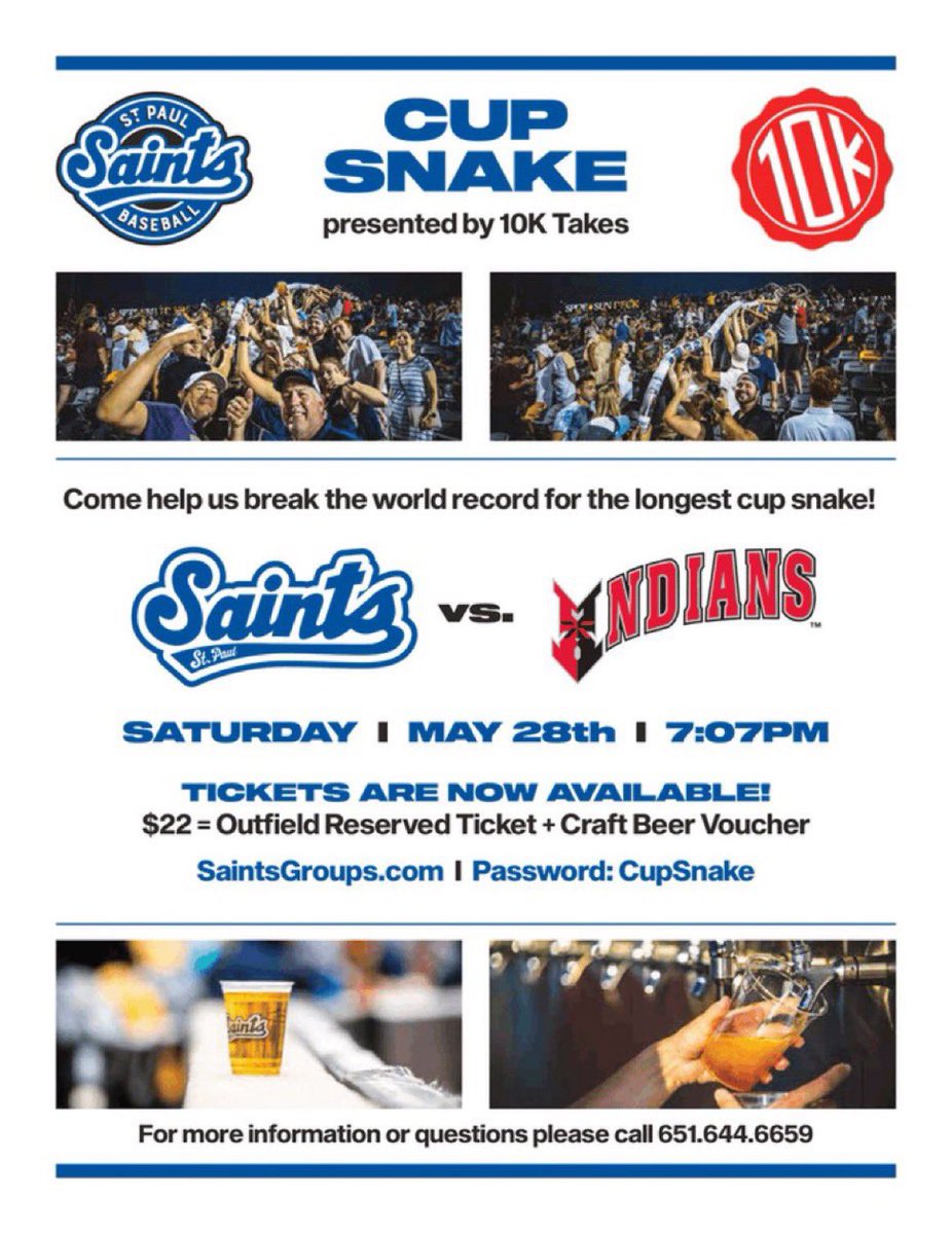 10k_Takes's tweet photo. 🚨Ticket giveaway🚨

We’re giving away 2 tickets to the @StPaulSaints game Saturday, May 28th. At this game we will attempt to build the world’s largest cup snake!

- RT to enter
- Must be following to win
- Winner announced Monday, May 23rd https://t.co/hwTaaFu2wI