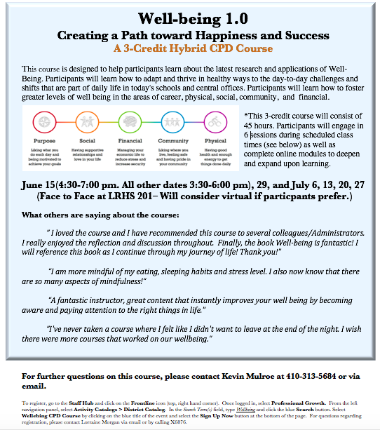 HCPSS_LeaderDev's tweet image. Get your summer started the right way by investing in yourself! This Wellbeing Course is now open for registration.  Course begins June 15. Space is limited. Contact Kevin Mulroe if you have any questions.