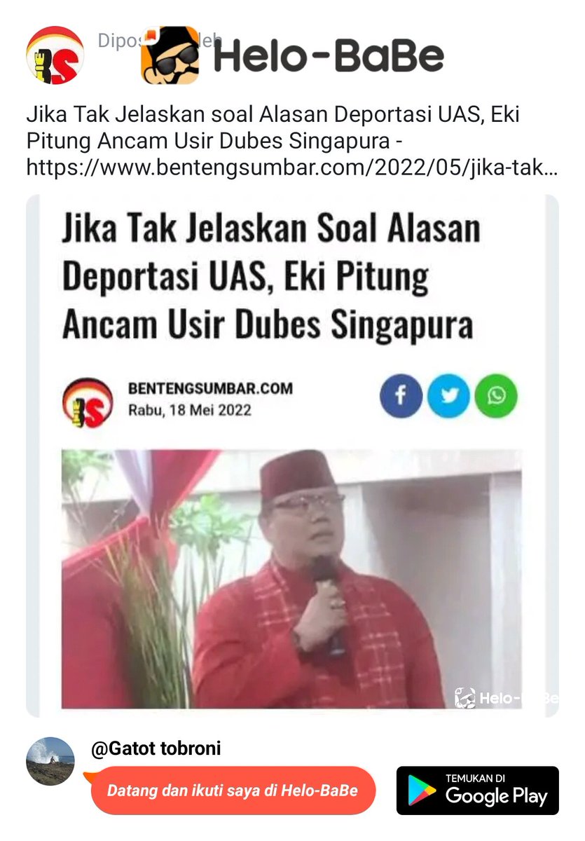 GTobroni's tweet photo. Gak usah ngegasla bang, hargai dan hormati otoritas dan hukum Negara lain, boleh bela Somad, tapi pakai Logika cerdas. https://t.co/6kcOc8arJg