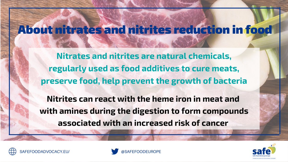 SafeFoodEurope's tweet photo. Exposure to nitrites in meat has been repeatedly linked to the onset of cancer. 

SAFE believes that it's technically possible to reduce nitrate+nitrite amount in food, as many examples show, and that stricter thresholds can be achieved for meat products.

#HealthStartsWithFood https://t.co/THTvkYcpsT