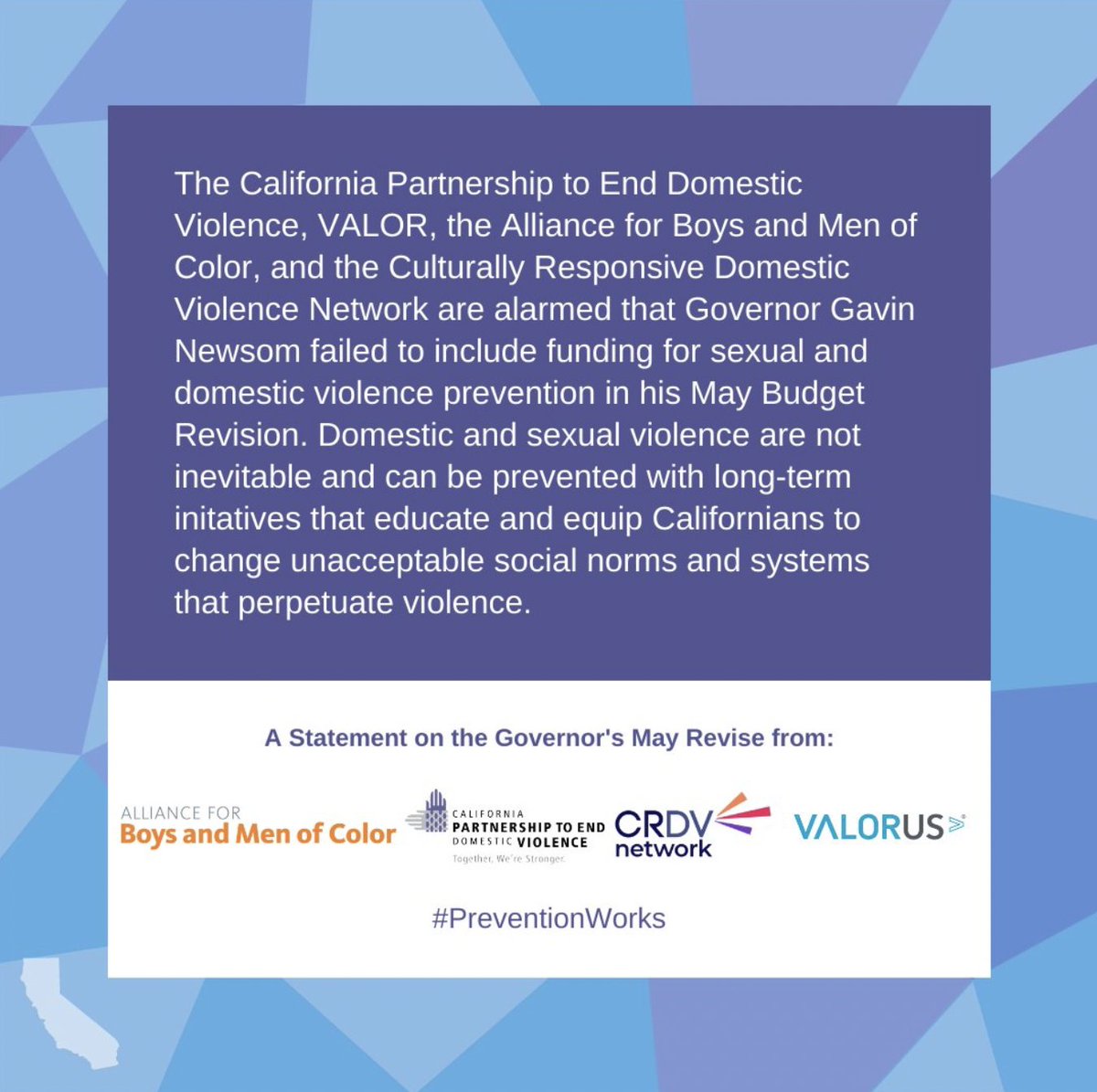 The #MayRevise offers promise in many areas but overlooks critical investment in domestic violence prevention. Call on the Legislature and @CAgovernor to to protect families and put prevention to work: mailchi.mp/cpedv.org/2022……
@cpedvcoalition @Valor_US_ @AllianceforBMOC