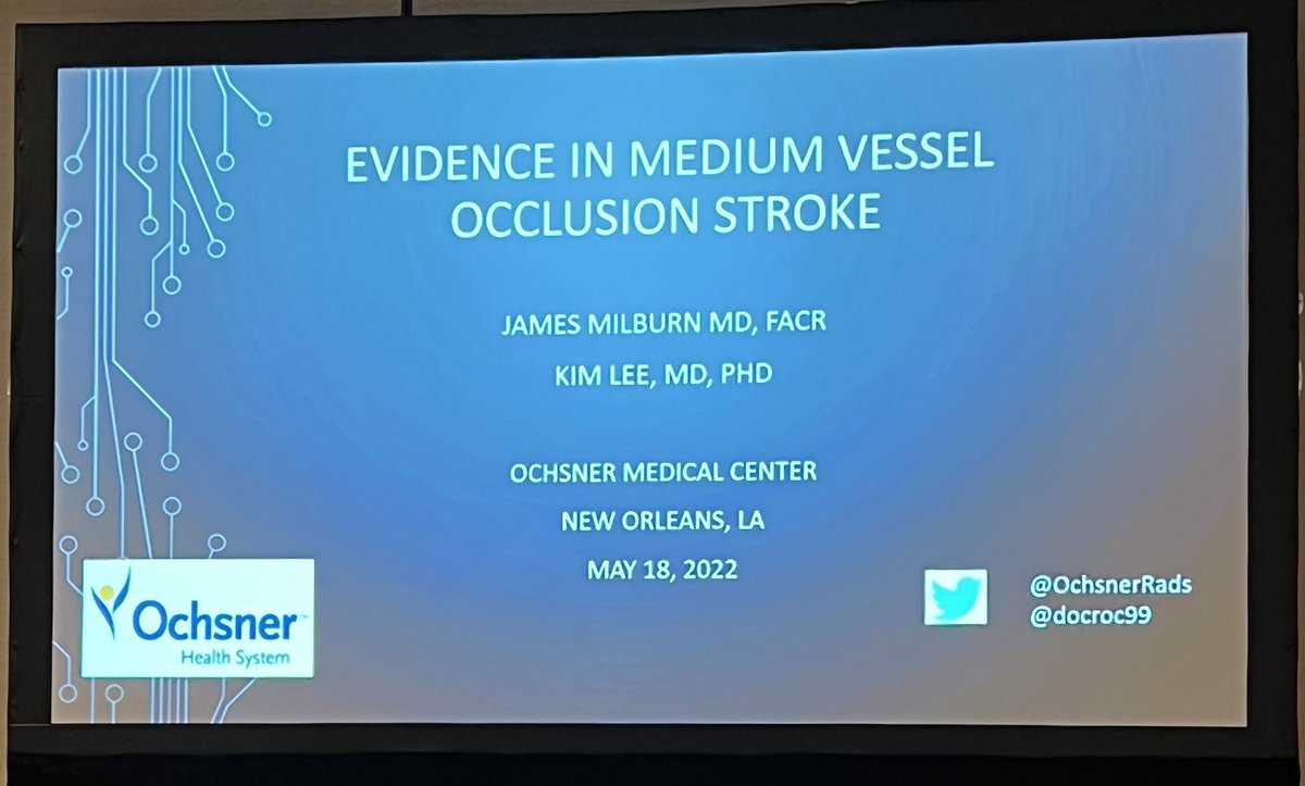 Great talk on important and evolving topic for interventionalists and diagnostic neurorads alike: medium vessel occlusions. @docroc99 @OchsnerRads @TheASNR