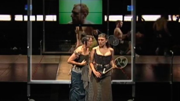 Reasons to love live theater, 364. The great Kate Valk, the Duse of the Wooster Group in NYC, appears as Racine's doomed Phedre in "To You, the Birdie!," 2002. She is a dazzllingly wasted, wilting queen. With Willem Dafoe and Frances McDormand. Badminton is played, wiltingly.