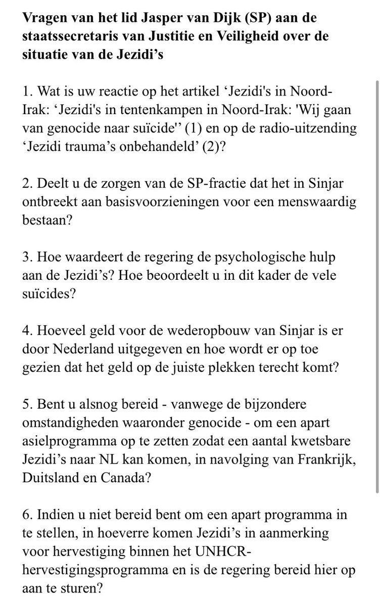“Van genocide naar suïcide” Kamervragen nav uitzending <a href="/argosonderzoekt/">Argos</a> en <a href="/daisymohr/">Daisy Mohr</a> over situatie Jezidi’s cc @BrendaStoter