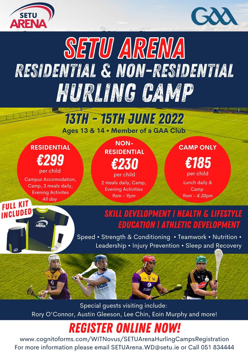 ArenaSETU's tweet photo. SETU Arena Residential &amp; Non Residential Hurling Camp

🏑Developmental camp for 13 &amp; 14 year old's
 🗓️13-15th June 2022
 ✅Full SETU Arena kit is included

Book Online using link⤵️
https://t.co/d9GCp2ipWV

For more info email SETUArena.WD@setu.ie

#SETUArena #HurlingCamp2022 https://t.co/k5NZwifEwV