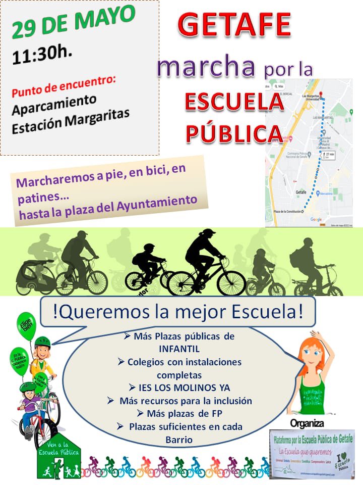 AmpaMhdez's tweet photo. El próximo 29 nos uniremos a la marcha por la escuela pública convocada por @por_getafe. ¡Súmate! ¡Por una educación pública de calidad! #EducaciónPública💚💚💚 https://t.co/VDFyygtFxq
