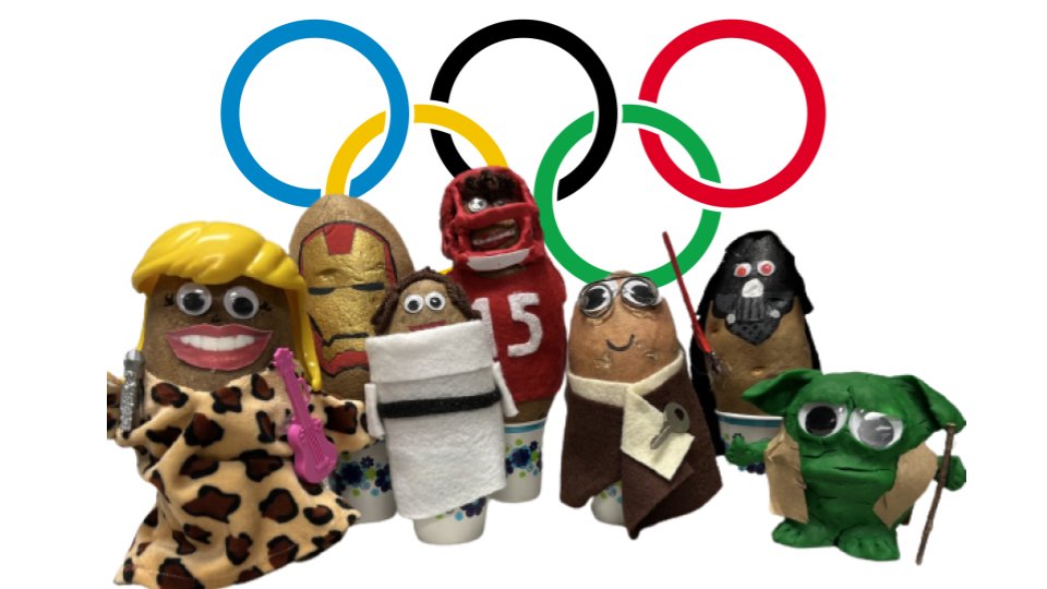 Teacher Taters will be facing off today! Can you match the tater to the AES 5th Grade Teacher? #potatoolympics #AESfam
From left to right: Tater Swift, Tony Starch, Princess Frito Laya, Patrick MASH-omes, BenjiYAM FRYklin, Darth Tater, and Mashter Yoda