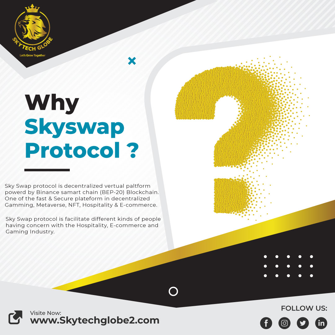 Skytechglobe1's tweet photo. Why Skyswap protocol ?

SkySwap protocol is decentralized virtual platform powered by Binance Smart chain (BEP-20) Blockchain. One of the fast &amp; Secure platform in decentralized Gamming, Metaverse, NFT, Hospitality &amp; E-commerce. 

For more visit us:-https://t.co/mV5GCEfX1s https://t.co/XO9bsO5S5G